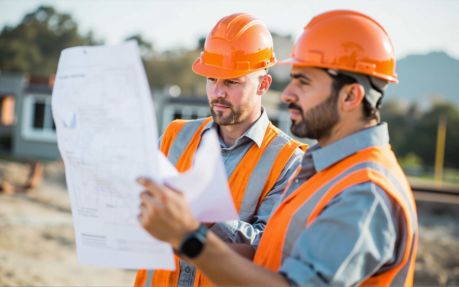 Equipo de Construcciones Mega-AS revisando los planos de una obra